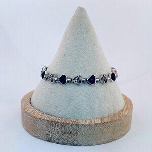 Vintage Heart Link Bracelet 925 Sterling Silver Black Enamel 6.75” Estate